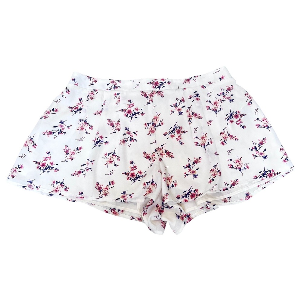 Forever 21 Women White Floral High Waist Pleated Flowy Shorts Large Boho Summer
